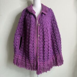 Handknit Crochet Purple Cape Poncho Wrap Sweater Chunky Fringe Granny Beige Boho
